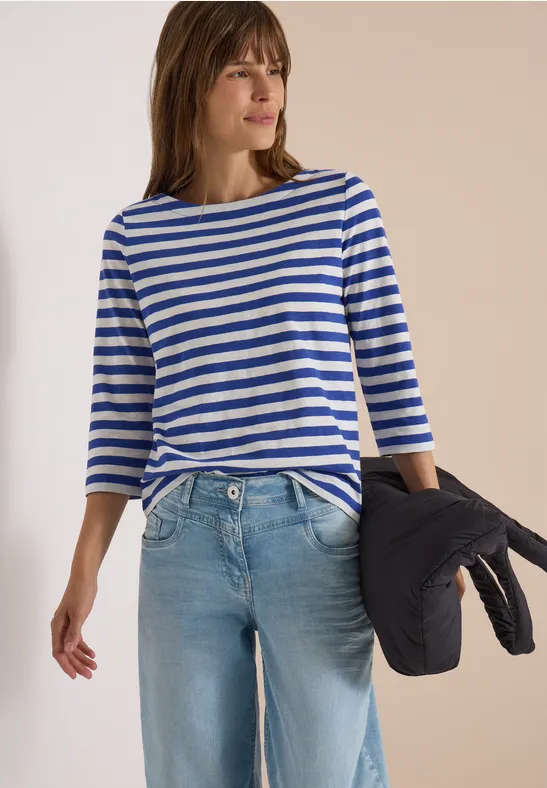 Gestreiftes Baumwollshirt mit U-Boot-Ausschnitt