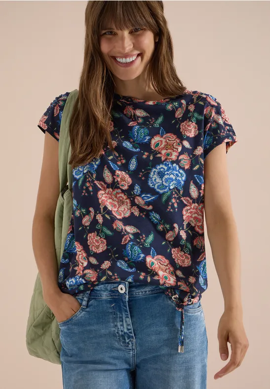 Kurzarmshirt mit Blumenmuster und U-Boot-Ausschnitt