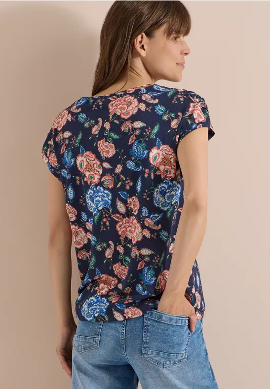 Kurzarmshirt mit Blumenmuster und U-Boot-Ausschnitt