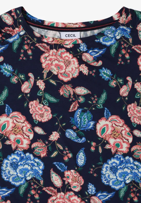 Kurzarmshirt mit Blumenmuster und U-Boot-Ausschnitt