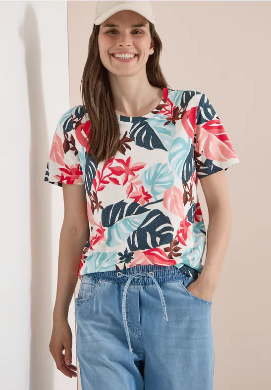 Baumwoll-T-Shirt mit tropischem Blätterprint