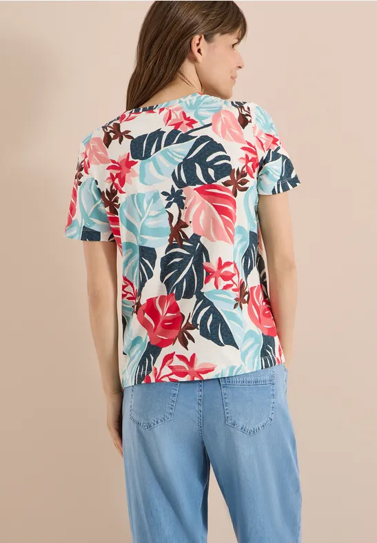 Baumwoll-T-Shirt mit tropischem Blätterprint