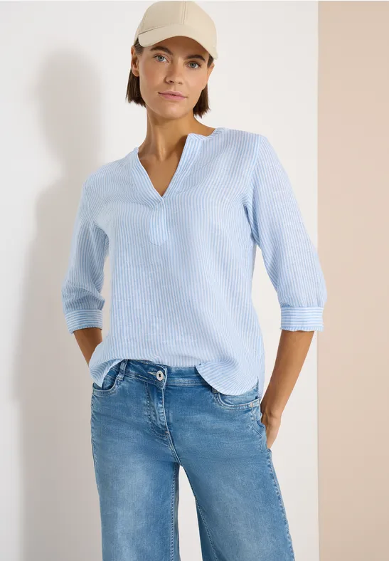 Gestreifte Leinenbluse mit Split Neck