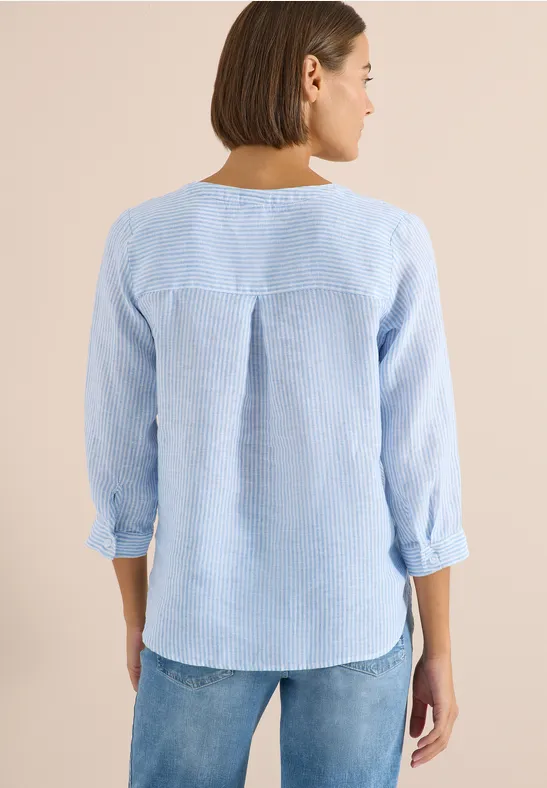 Gestreifte Leinenbluse mit Split Neck