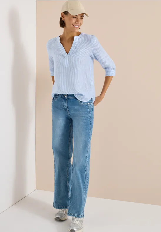 Gestreifte Leinenbluse mit Split Neck