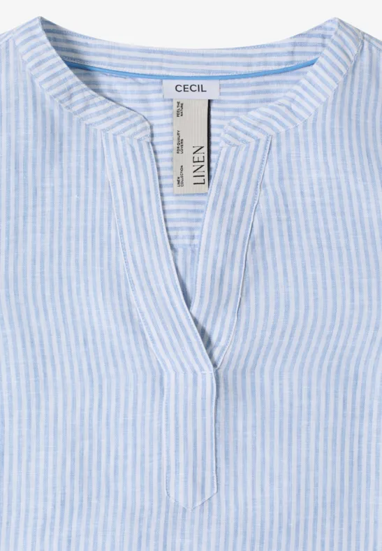 Gestreifte Leinenbluse mit Split Neck