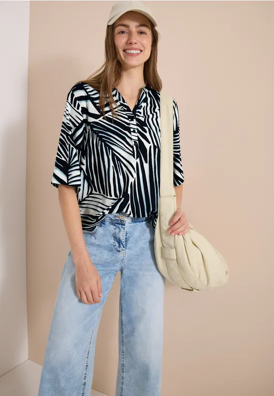 Grafische Bluse mit Blättermuster und Ausschnitt