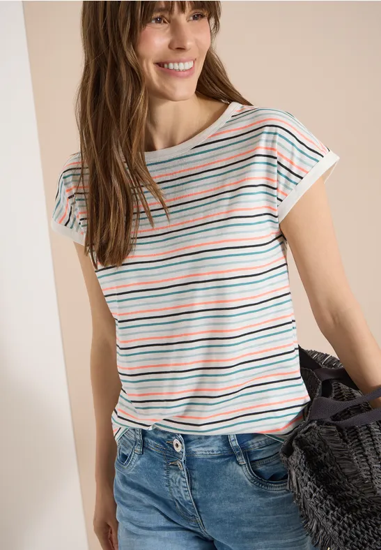 Gestreiftes T-Shirt mit U-Boot-Ausschnitt