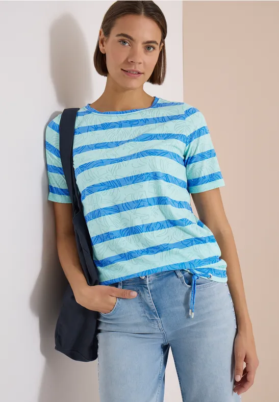Gestreiftes Ausbrenner-Shirt mit Blumenmuster