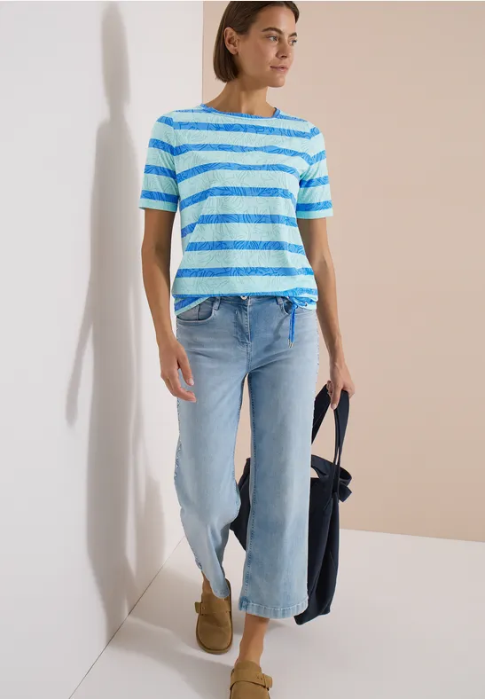 Gestreiftes Ausbrenner-Shirt mit Blumenmuster