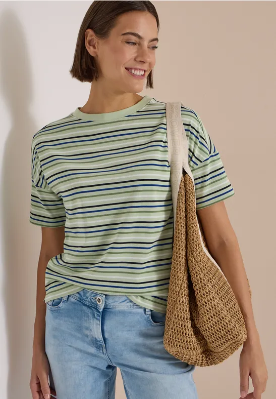 Gestreiftes Baumwollshirt mit U-Boot-Ausschnitt
