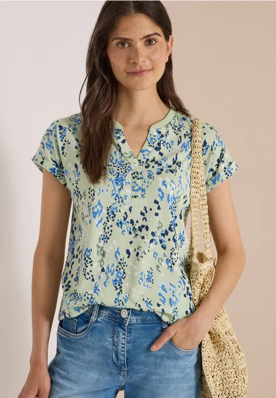 T-Shirt mit abstraktem Print und Split-Neck