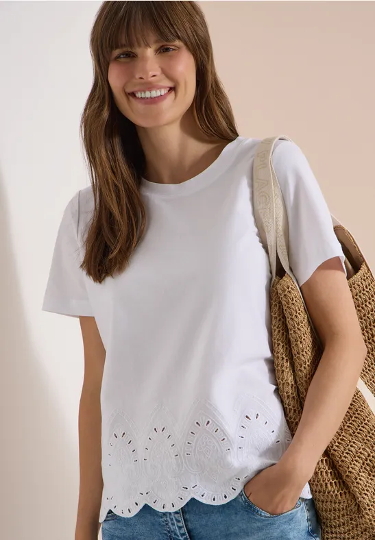 Baumwoll-Shirt mit Lochstickerei-Saum