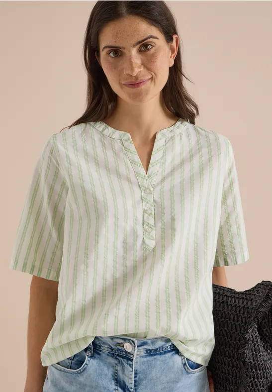 Gestreifte Baumwollbluse mit Split-Neck