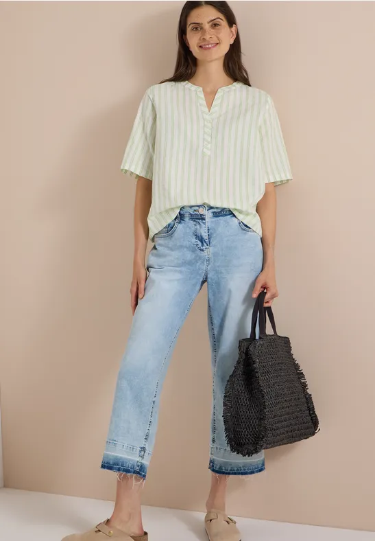 Gestreifte Baumwollbluse mit Split-Neck