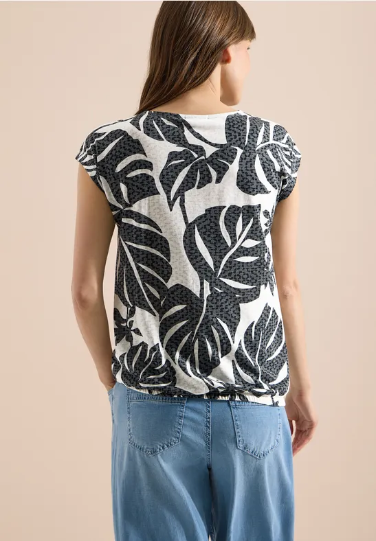 T-Shirt mit Blättermuster und Knotendetail