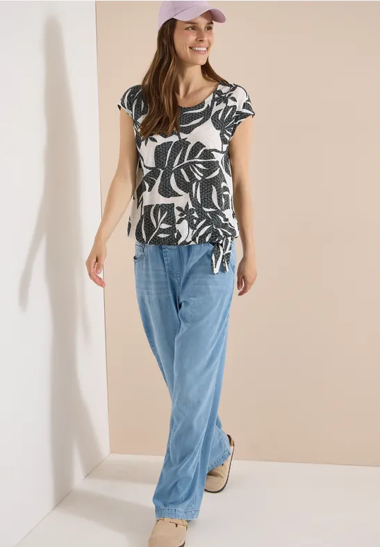 T-Shirt mit Blättermuster und Knotendetail