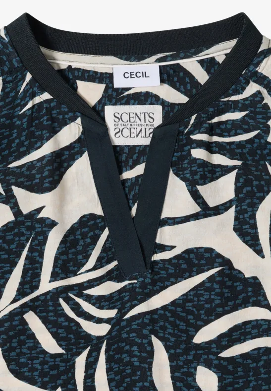Bluse mit tropischem Blätterprint und Streifenmix