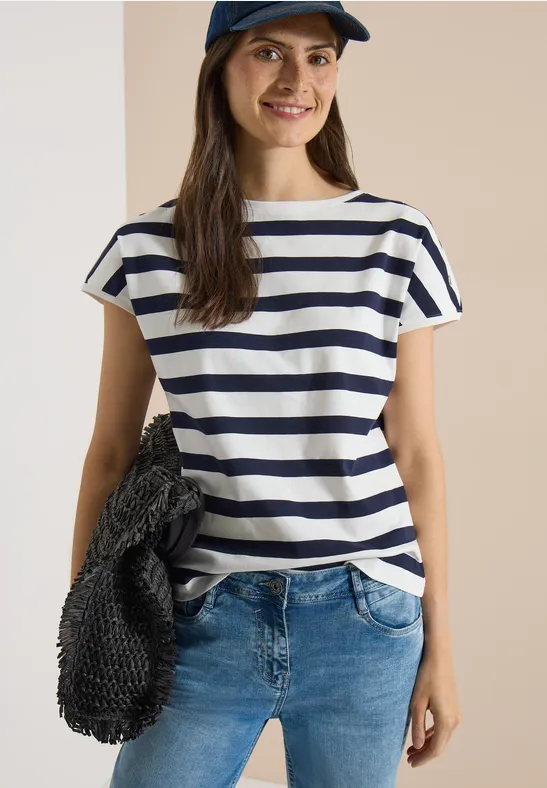 Gestreiftes Baumwollshirt mit Bootausschnitt
