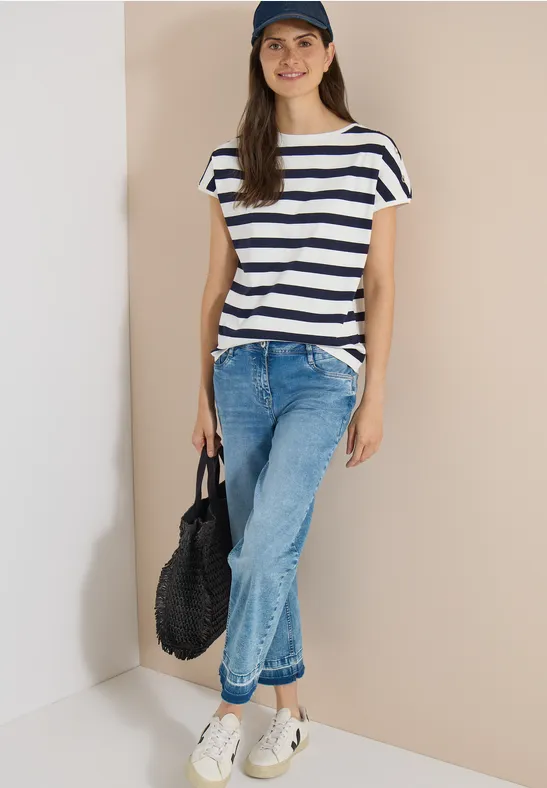 Gestreiftes Baumwollshirt mit Bootausschnitt