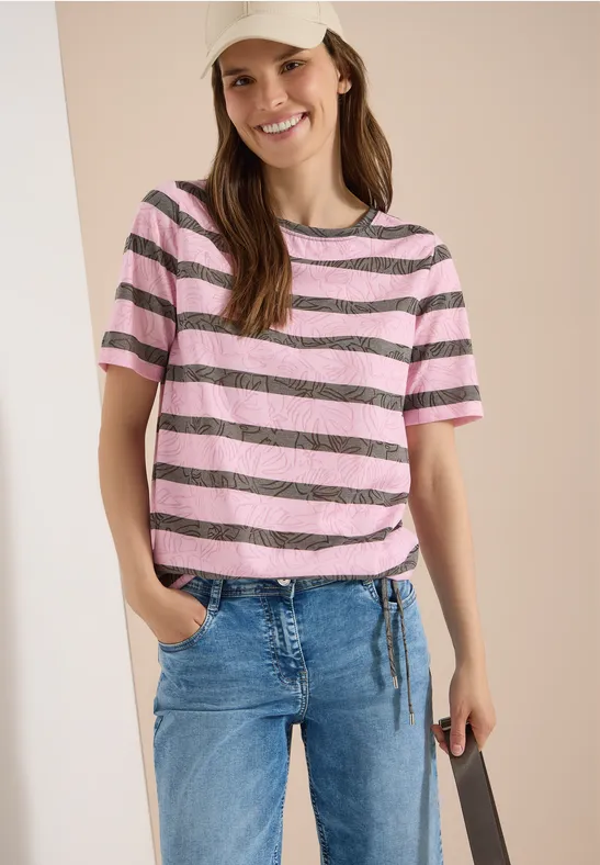Streifen-T-Shirt mit floralem Ausbrenner