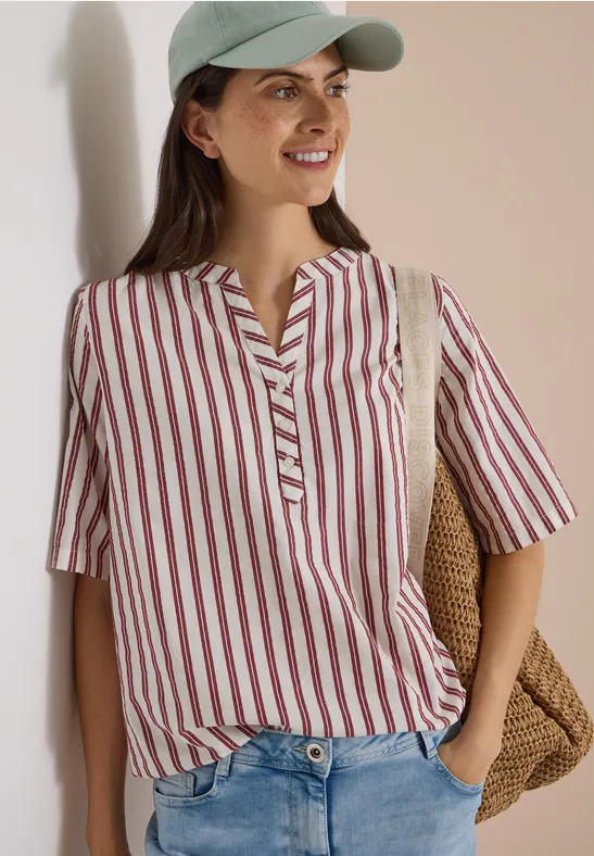 Gestreifte Halbarm-Bluse mit Split-Neck