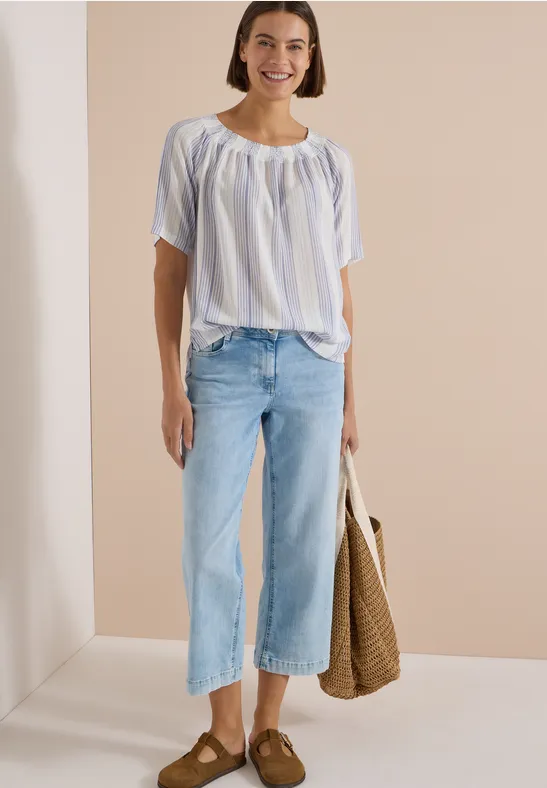 Gestreifte Viskose-Bluse mit Carmen-Ausschnitt