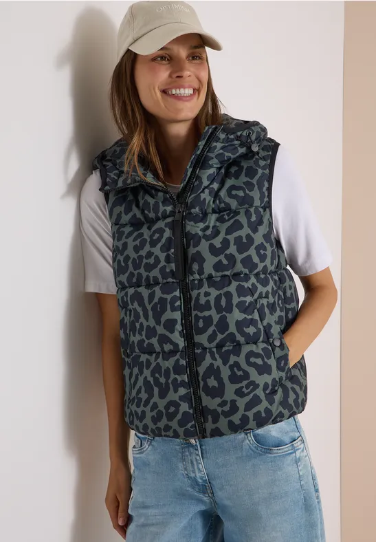 Gesteppte Kapuzenweste mit Animalprint