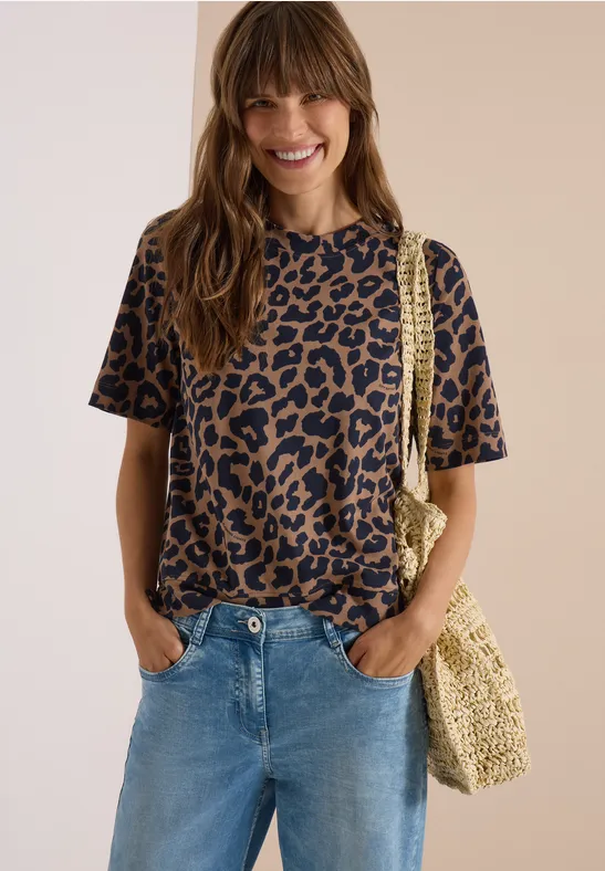 T-Shirt mit Leopardenmuster und Rundhalsausschnitt