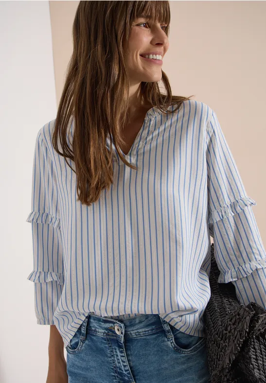 Gestreifte Split-Neck Bluse mit Rüschen