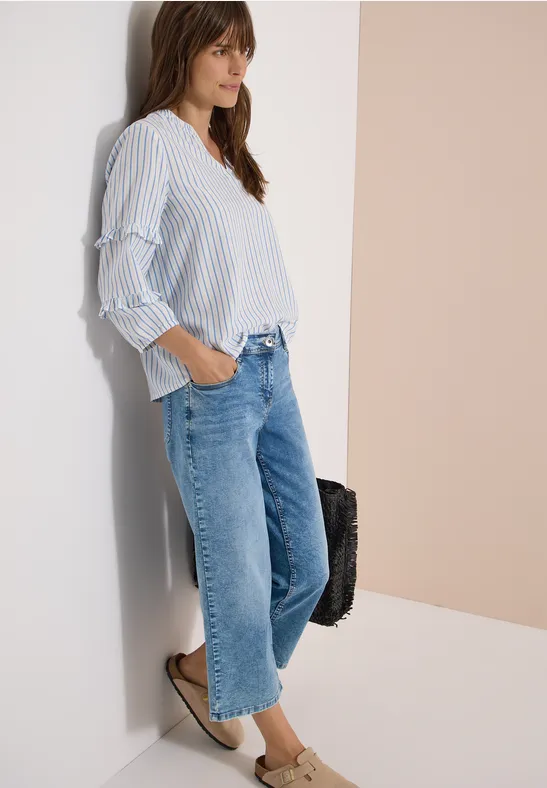 Gestreifte Split-Neck Bluse mit Rüschen