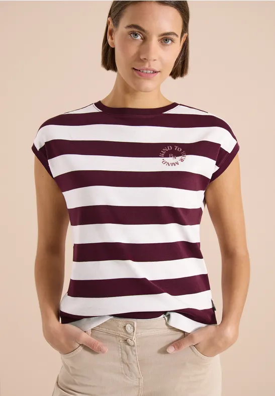 Gestreiftes Baumwollshirt mit Print-Detail