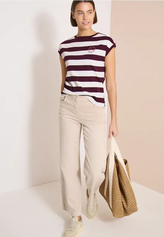 Gestreiftes Baumwollshirt mit Print-Detail