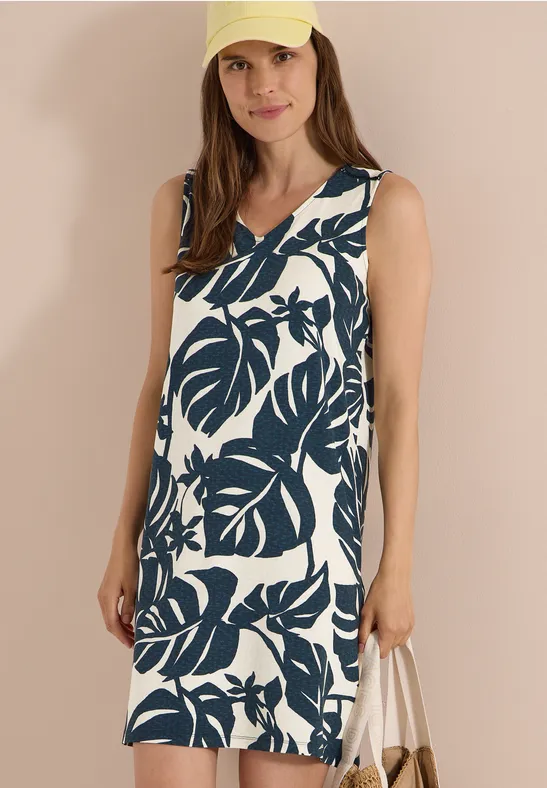 Jerseykleid mit Blätterprint und V-Ausschnitt