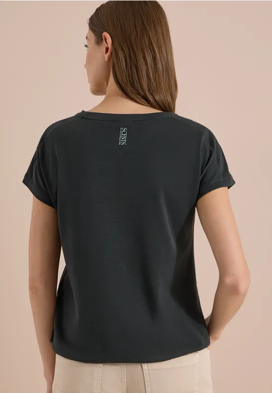 Besticktes Baumwoll-T-Shirt mit elastischem Saum