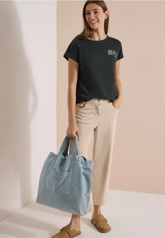 Besticktes Baumwoll-T-Shirt mit elastischem Saum