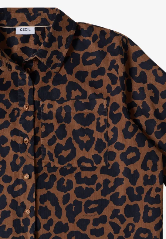 Kurzärmelige Cordbluse mit Leopardenmuster