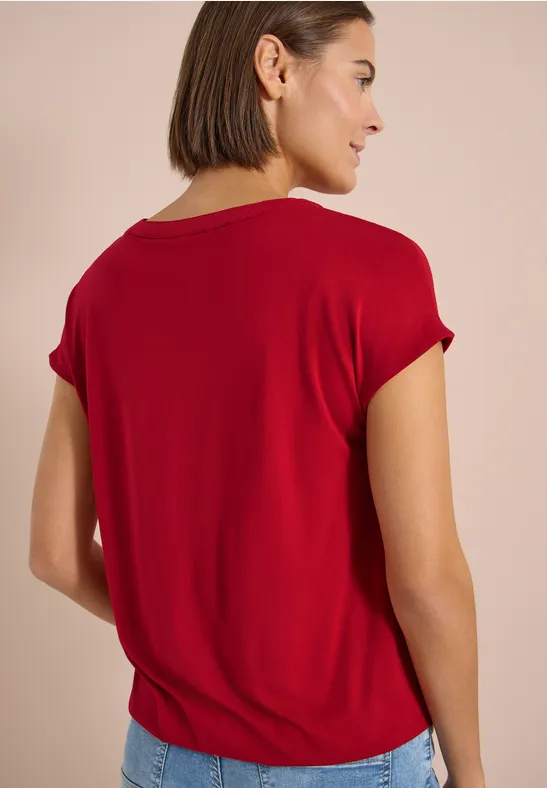 Kurzarm-Oberteil mit Split-Neck Materialmix