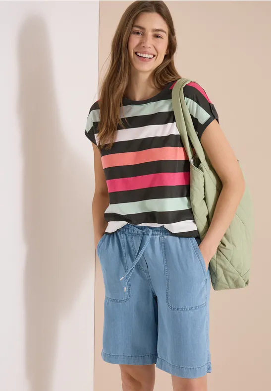 Gestreiftes Baumwoll-Modal-Shirt mit Knopfdetails