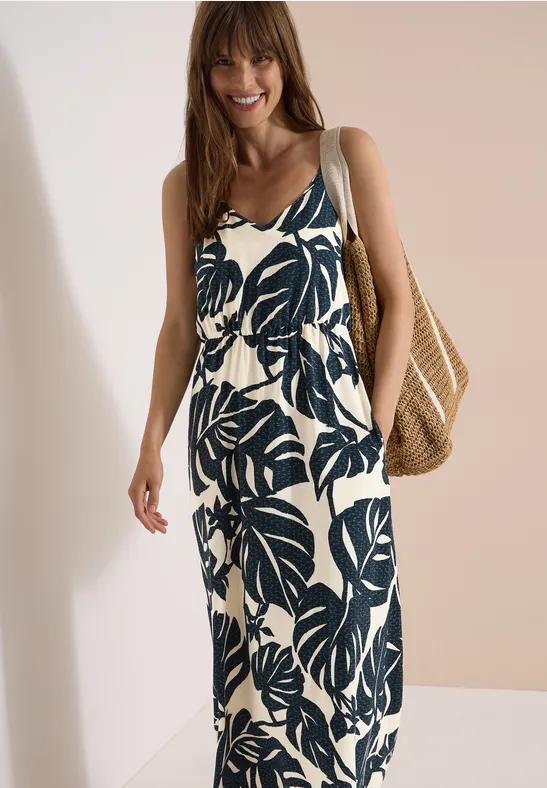 Luftiges Maxikleid mit tropischem Blattprint
