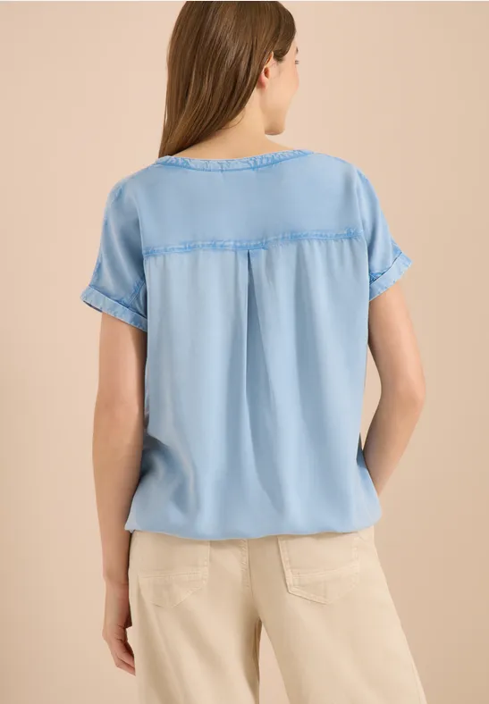 Kurzarmbluse mit Split-Neck in Denim-Optik