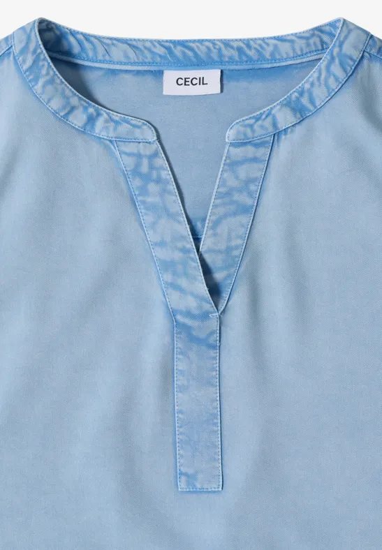 Kurzarmbluse mit Split-Neck in Denim-Optik