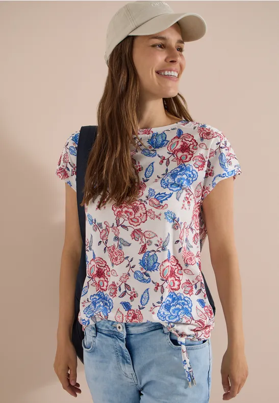 Floral-Shirt mit U-Boot-Ausschnitt
