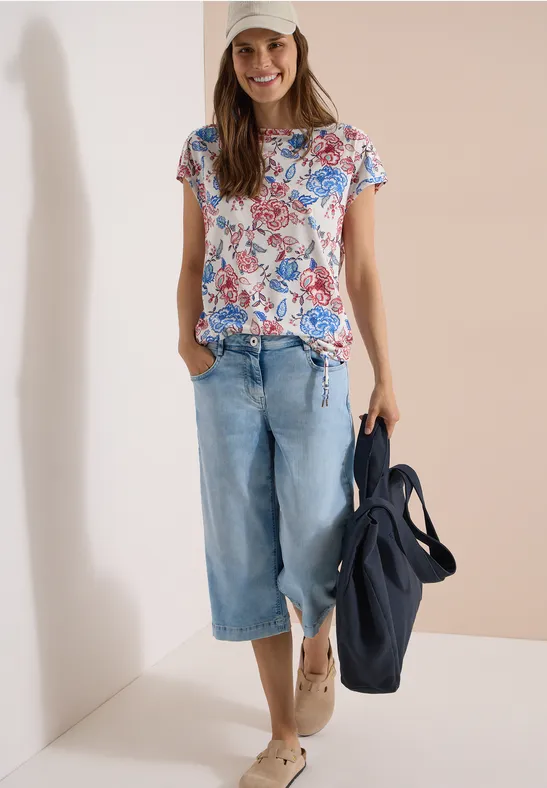 Floral-Shirt mit U-Boot-Ausschnitt