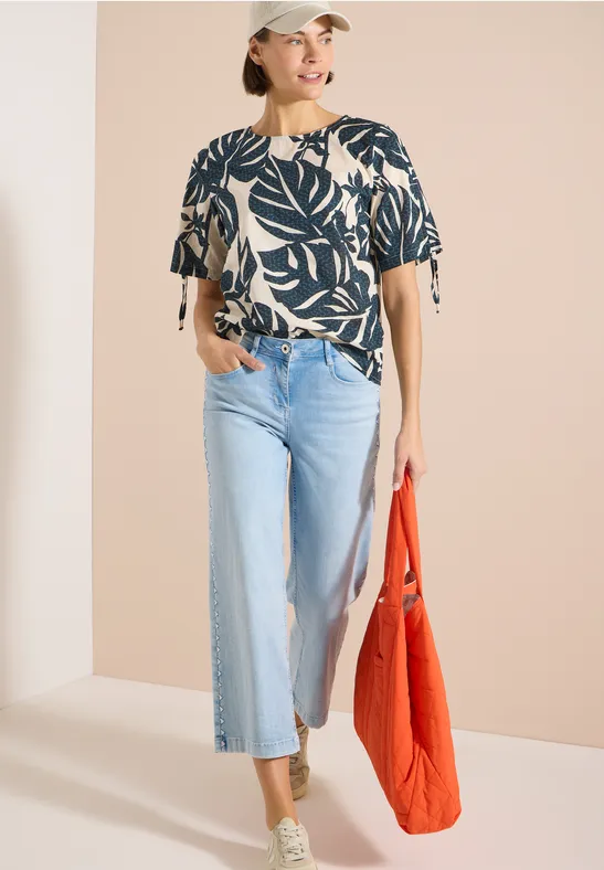 Bluse mit Blattprint und Tunnelzug-Ärmeln