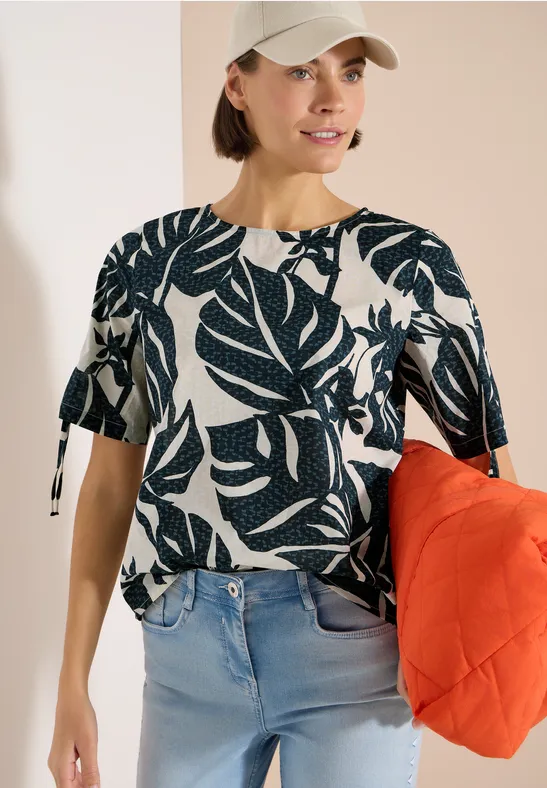 Bluse mit Blattprint und Tunnelzug-Ärmeln