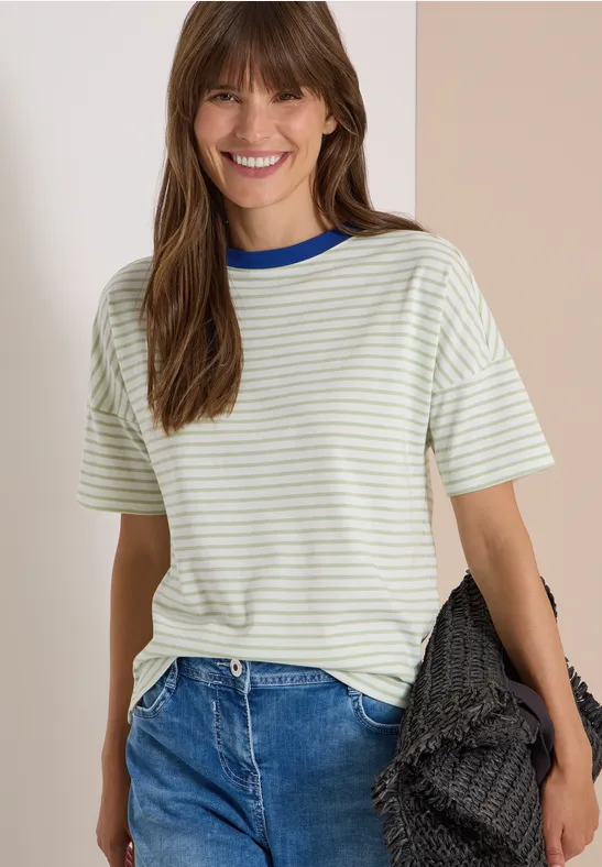 Gestreiftes Baumwollshirt mit Kontrast-Ausschnitt