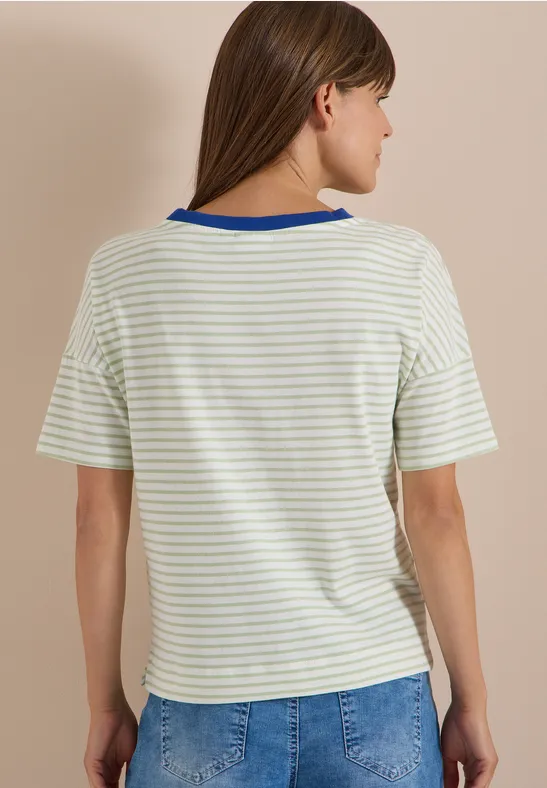 Gestreiftes Baumwollshirt mit Kontrast-Ausschnitt