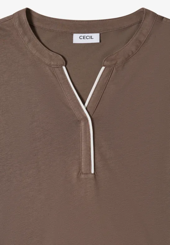 T-Shirt mit geschlitztem Ausschnitt und Kontrastpaspel