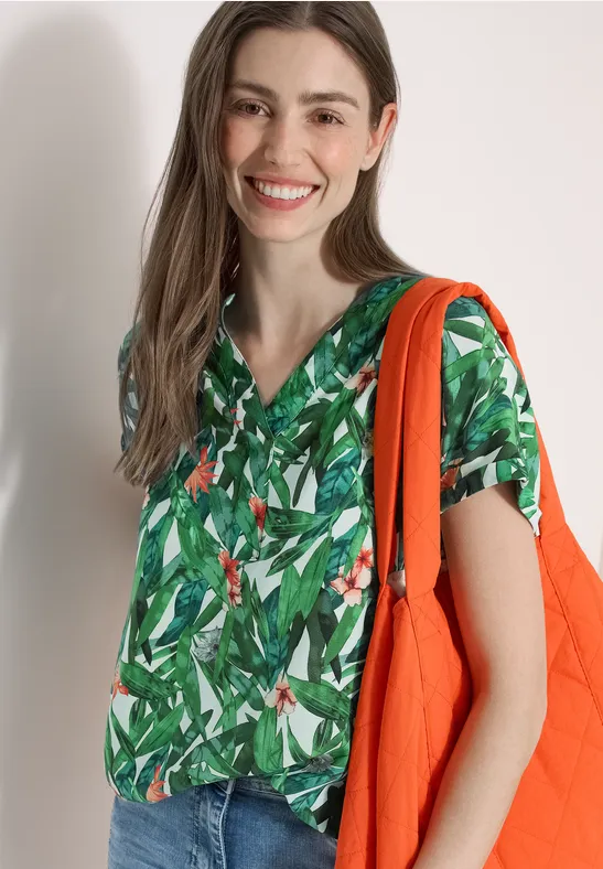 Kurzarm-Blusenshirt mit tropischem Print